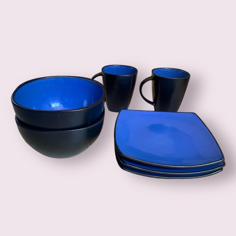 Blue Black Plates Mugs Bowls Set